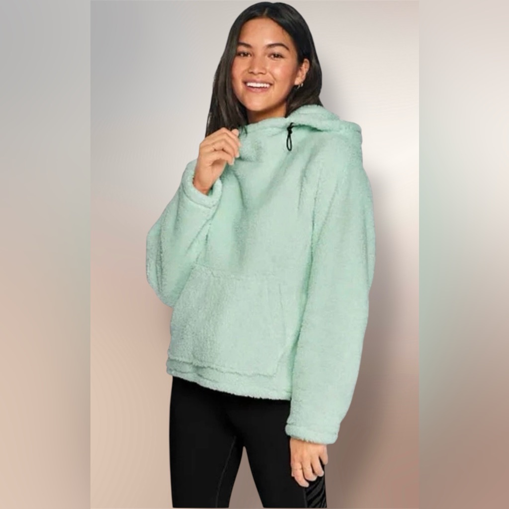 Pink Victoria’s Secret Hoodie Teddy Funnel Sweatshirt Medium Light Green